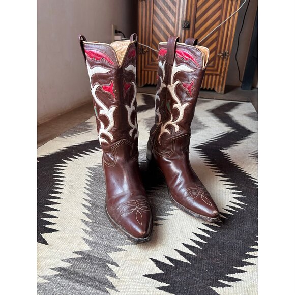 Vintage Frye Cowboy Boots Women's 8.5M (please read), brown, with red and white - Picture 1 of 10